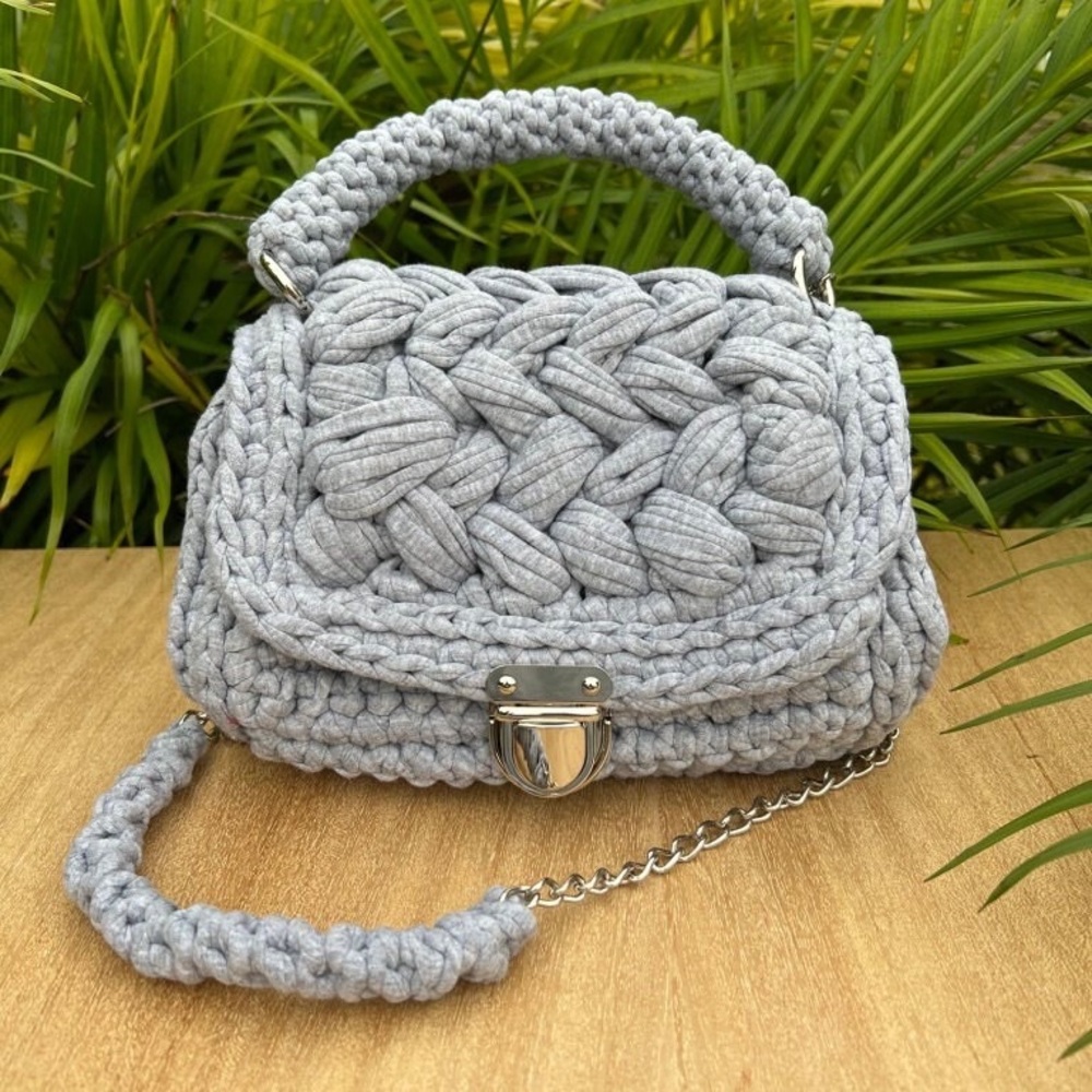 Luxury Crochet Bag - Gray Preppy Shoulder Bag - Classic Black Hand Knit Bag